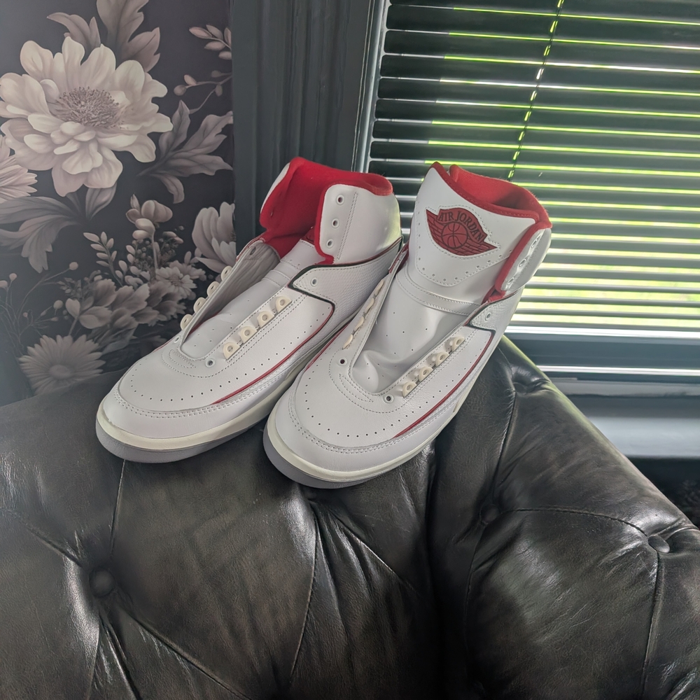 Jordan White and Red High-Top Sneakers